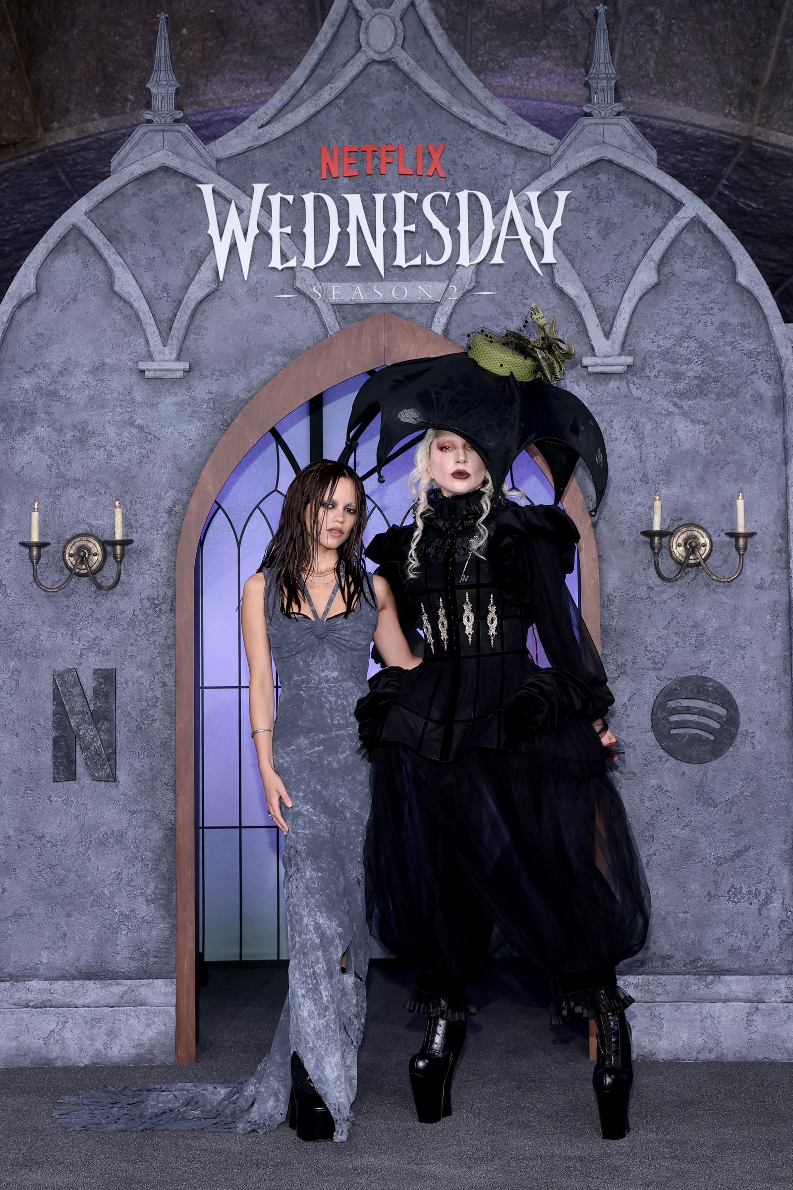 Jenna Ortega and Lady Gaga attend the Netflix x Spotify Wednesday Season 2 Graveyard Gala at Guastavino's