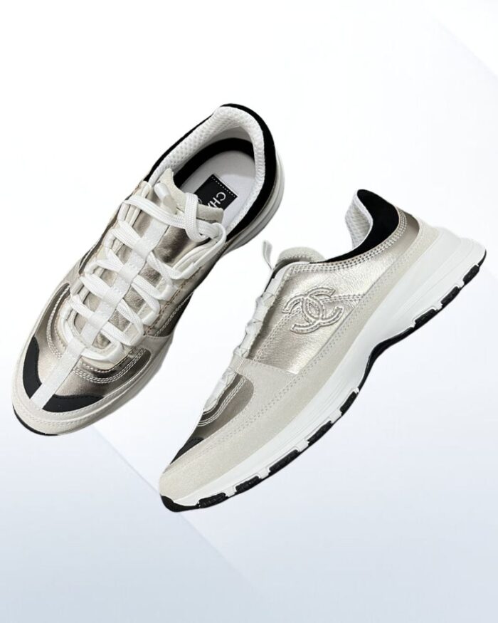 Chanel sneakers laminated calfskin suede gold grey black luxury 10mm hee