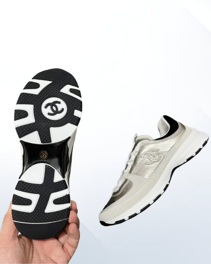 Chanel sneakers laminated calfskin suede gold grey black luxury 10mm hee