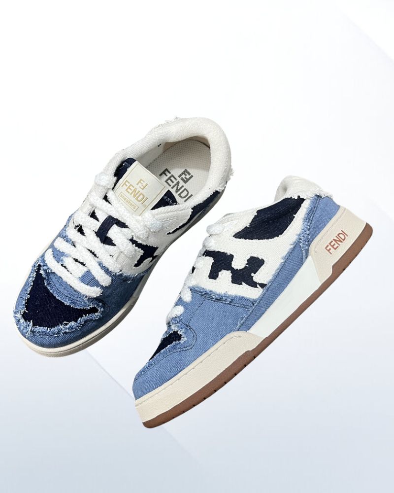 Fendi Match Sneakers – Luxury Denim Trainers Fendi Match Sneakers denim blue low-top trainers with frayed edges and Fendi logo