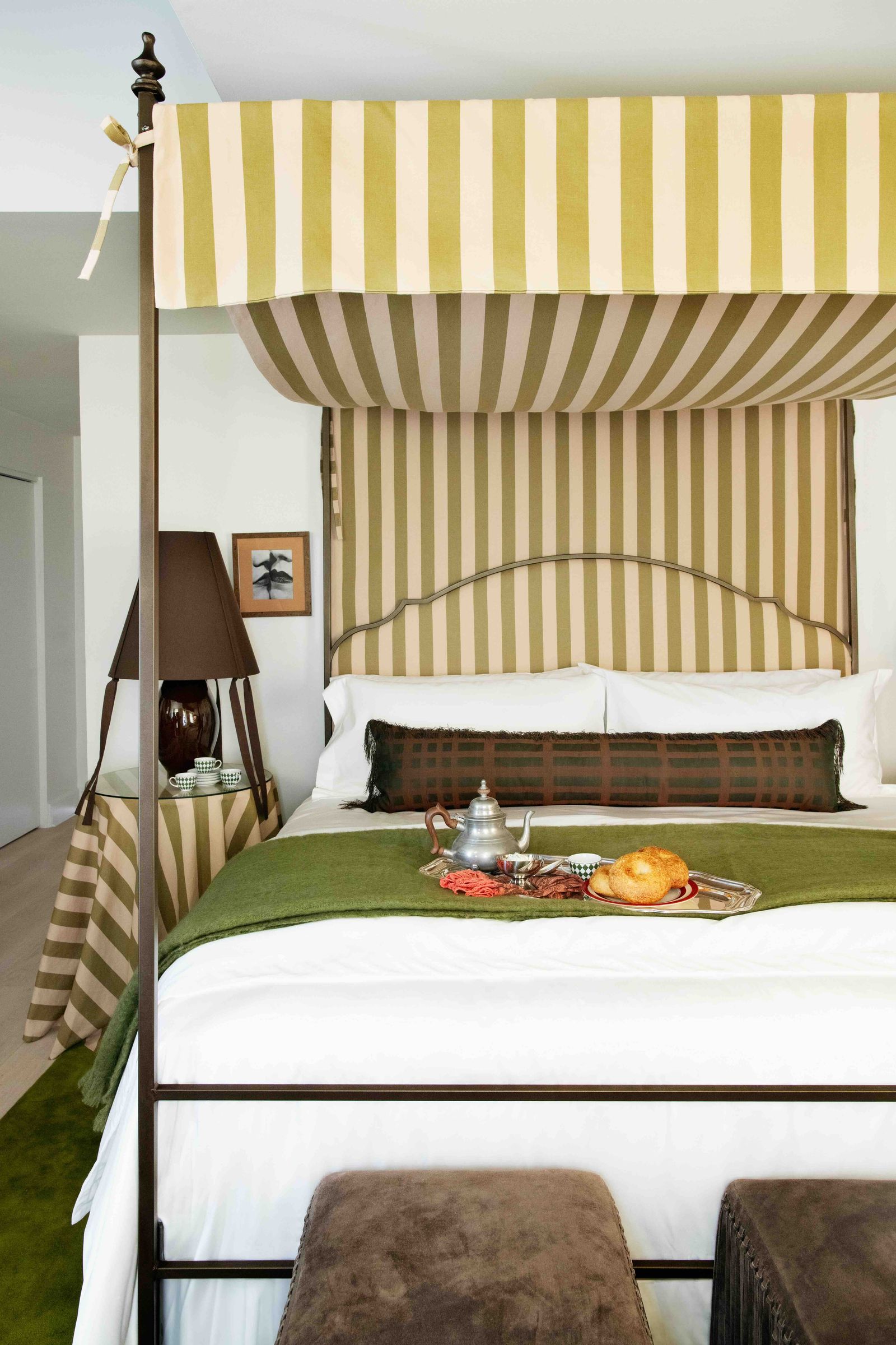 Image may contain Furniture Bed Bedroom Indoors Room Art Painting Lamp Bread Food and Canopy Bed