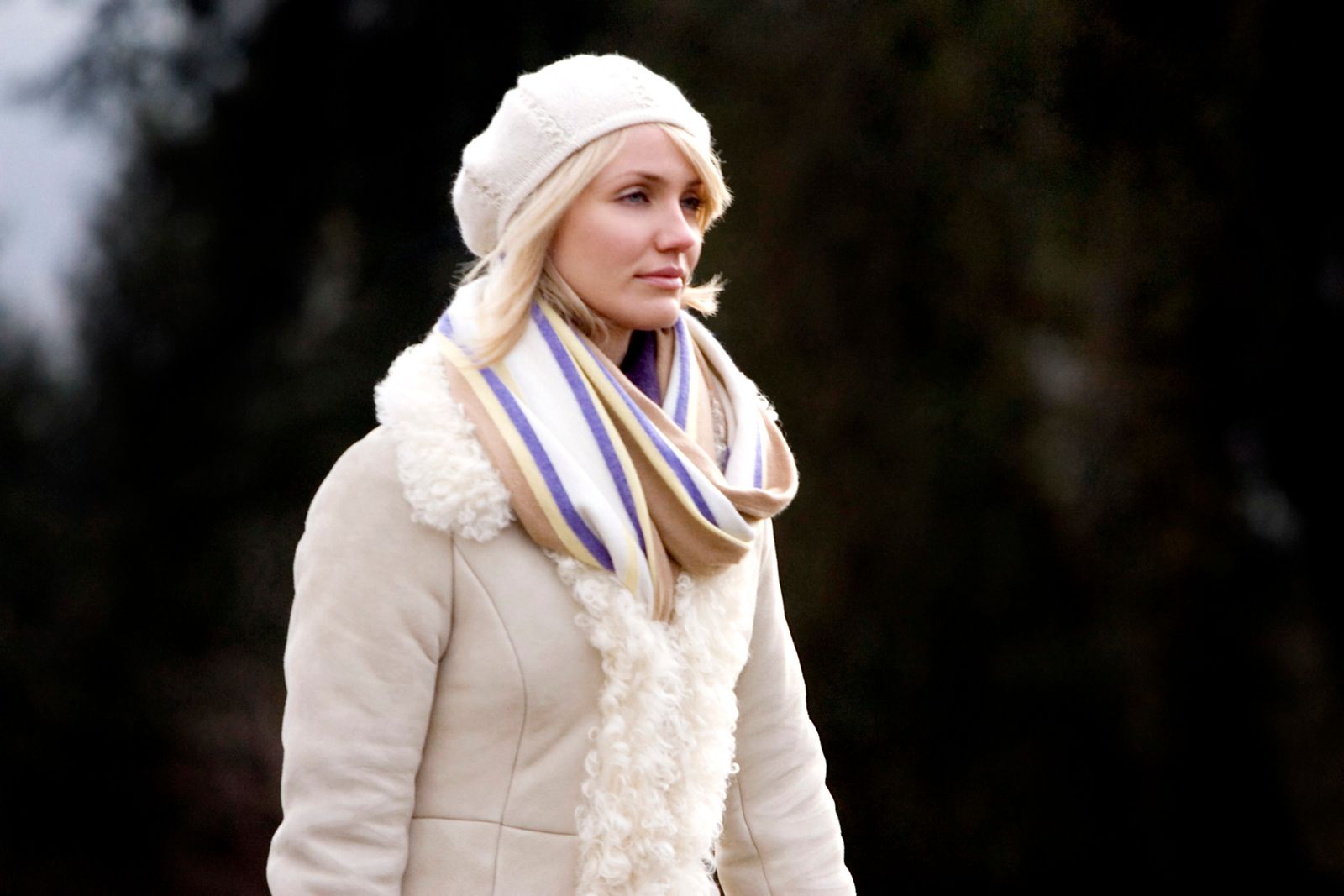 Image may contain Cameron Diaz Clothing Hat Person Adult Cap Scarf Blonde Hair Face and Head
